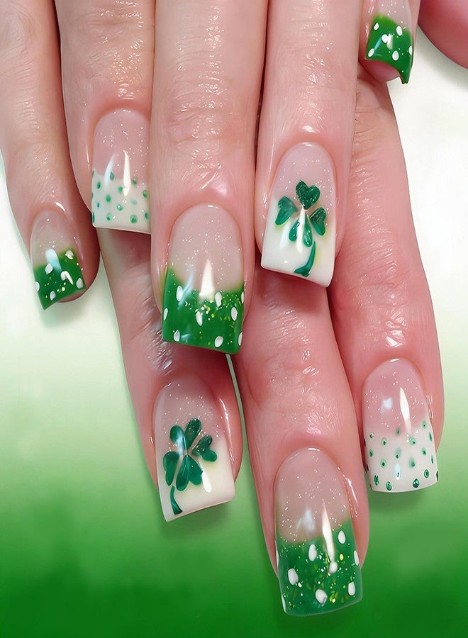 OSTTMA 24Pcs St. Patrick's Day Press on Nails Short Square French Tip Fake Nails with Shamrock & Polka Dot Designs Glitter Green Shamrock Nails Press ons Full Cover Glue on Nail for Women Manicure - Image 1